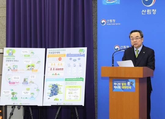 윤영균 한국산림복지진흥원장이 28일 정부대전청사에서 산림복지상품권 개발과 산림복지소외자를 위한 바우처 발급 확대 등을 담은 2018년 주요업무 계획에 대해 브리핑하고 있다.  산림복지진흥원 제공